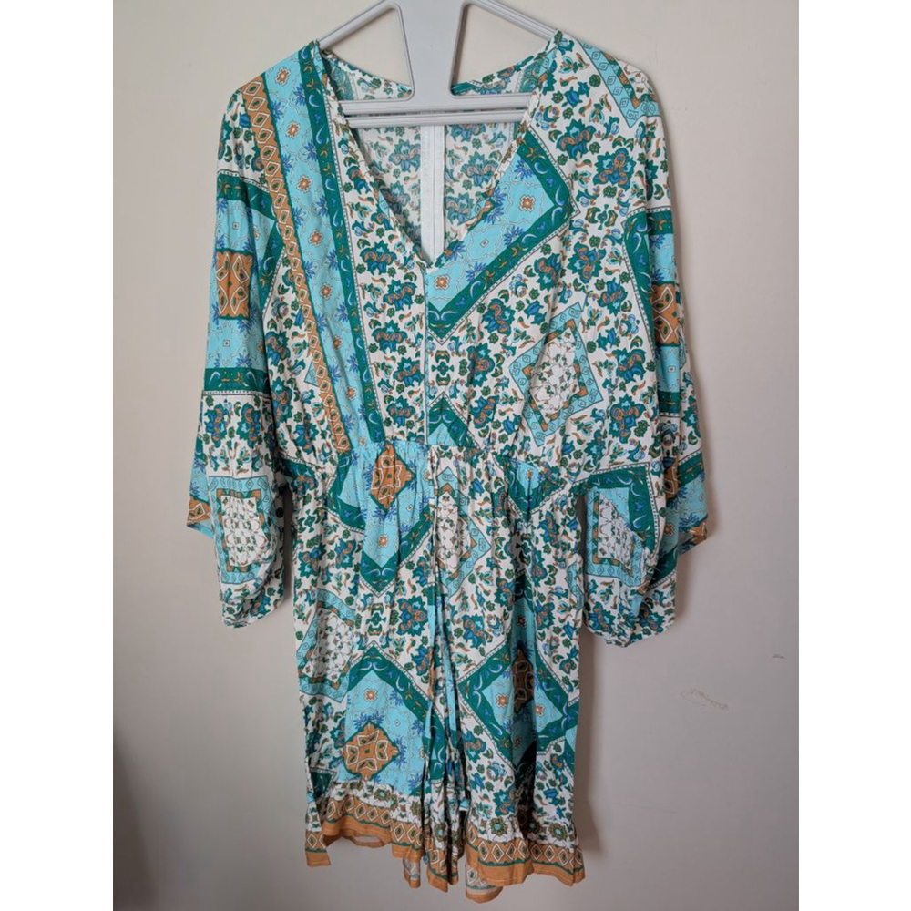 White Teal Floral Romper Women's Medium